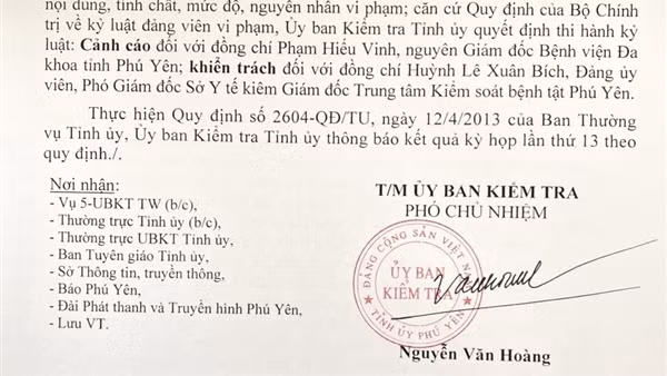 Kỷ luật đảng 2 cựu lãnh đạo và 5 cán bộ chủ chốt ở Phú Yên
