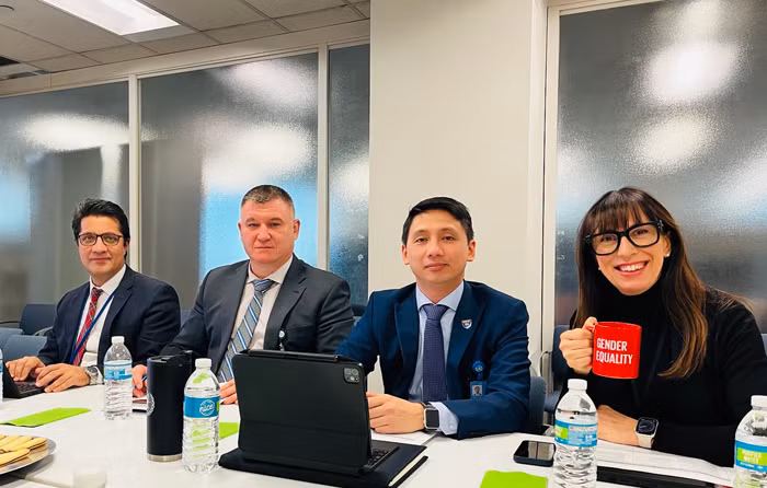 Trung tá Nguyễn Ngọc Hải họp giao ban bộ phận cảnh sát tại trụ sở Liên hợp quốc, New York, tháng 1/2024.