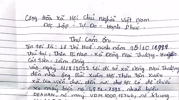 Nhận lại tài sản bị mất, người dân viết thư cảm ơn Công an