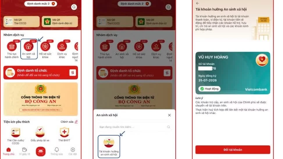 Hướng dẫn tích hợp tài khoản thanh toán, an sinh xã hội trên VNeID