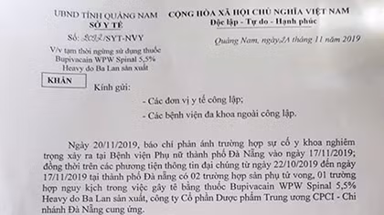 Quảng Nam tạm ngừng sử dụng thuốc Bupivacain WPW Spinal 5,5% Heavy