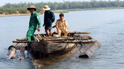 Gặp Công an, lâm tặc vứt gỗ trên sông Thu Bồn lao ghe bỏ chạy 