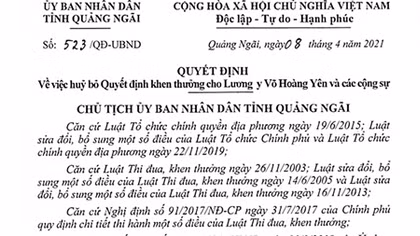 Quảng Ngãi hủy bỏ quyết định khen thưởng ông Võ Hoàng Yên