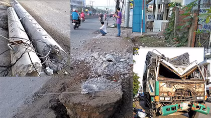 Xe tải tông gãy trụ điện, sập mái hiên nhà dân