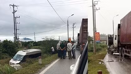 Xe container đâm vào xe khách rơi xuống mương nước