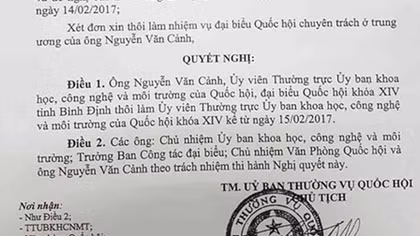 Ông Nguyễn Văn Cảnh thôi làm đại biểu Quốc hội chuyên trách ở trung ương