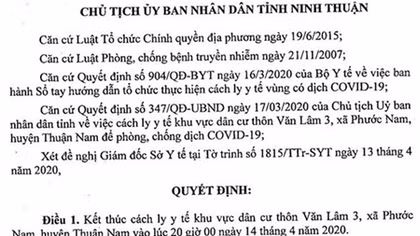 Gỡ bỏ cách ly y tế thôn Văn Lâm 3 ở Ninh Thuận 