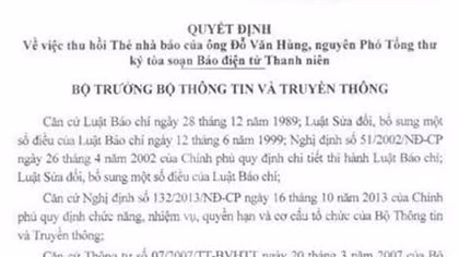 Thu hồi thẻ nhà báo của nguyên Phó Tổng thư ký tòa soạn báo điện tử Thanh niên