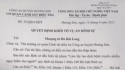 Khởi tố vụ án làm lây nhiễm dịch bệnh ở Hà Tĩnh