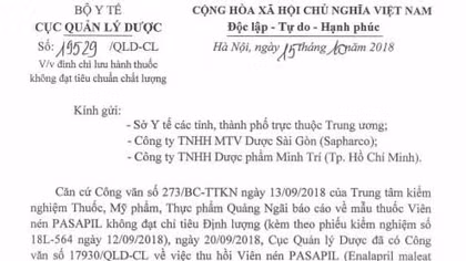 Đình chỉ lưu hành thuốc PASAPIL do kém chất lượng 