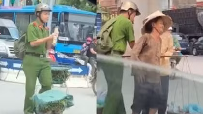 Nam sinh Cảnh sát giữa trưa nắng giúp 2 bà cụ gánh rau qua đường
