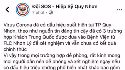 Tung tin sai về virus Corona tại Facebook Đội SOS – Hiệp sĩ Quy Nhơn