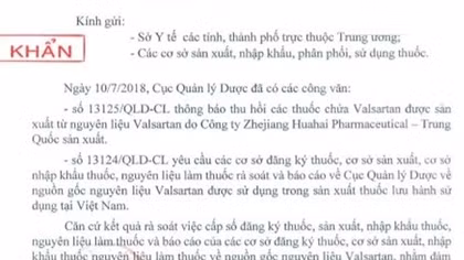 Dừng lưu hành thuốc dược chất Valsartan do Trung Quốc sản xuất 