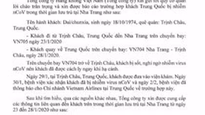 Một du khách Trung Quốc nhiễm nCoV sau khi từ Nha Trang trở về nước