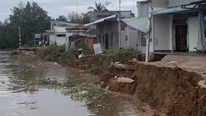 Sạt lở đất bờ sông "ăn" vào sát nhà dân ở Trà Ôn