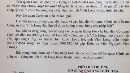 Công an Vĩnh Long kêu gọi các đối tượng làm giả hồ sơ vay tín dụng ra đầu thú