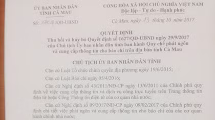Cà Mau thu hồi văn bản hạn chế quyền tác nghiệp báo chí