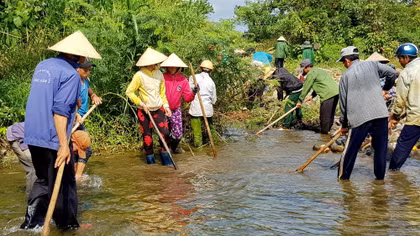 Gần 100 nông dân nạo vét dòng suối để chống hạn, cứu lúa