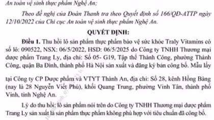Thực phẩm bảo vệ sức khỏe Traly Vitamins không bảo đảm an toàn