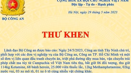 Lãnh đạo Bộ Công an gửi Thư khen thành tích bắt vụ 180 kg ma túy