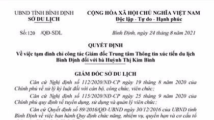 Tạm đình chỉ công tác Giám đốc Trung tâm thông tin xúc tiến du lịch Bình Định