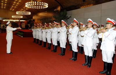 Đoàn nhạc CAND cử nhạc Quốc ca Việt Nam tại buổi tổng duyệt lễ khai mạc.
