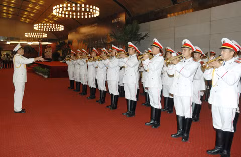 Đoàn nhạc CAND cử nhạc Quốc ca Việt Nam tại buổi tổng duyệt lễ khai mạc.