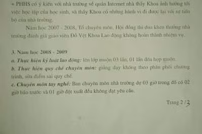 Biên bản ghi nhận vi phạm kỷ luật của thầy Đỗ Việt Khoa.