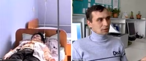 Maria Felk được điều trị tại bệnh viện địa phương (trái) và Alexey Gom kể lại câu chuyện của mình.