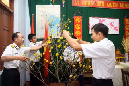 Chiến sĩ trên đảo trang trí cây mai chuẩn bị đón xuân.