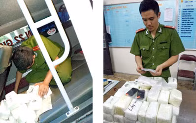Cán bộ Công an lôi điện thoại từ trong "hầm" bí mật và kiểm đếm số điện thoại di động.