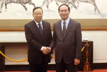 Thượng tướng Trần Đại Quang, Bộ trưởng Bộ Công an Việt Nam và đồng chí Cảnh Huệ Xương, Bộ trưởng Bộ An ninh quốc gia Trung Quốc.