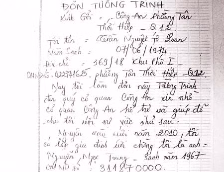 Đơn tường trình về việc Trung bạo hành vợ.