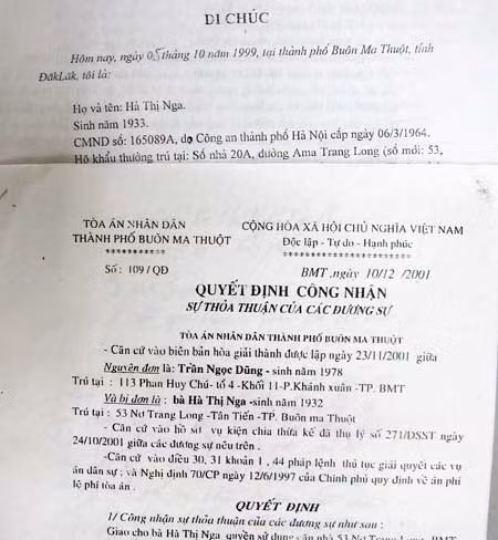 Bản di chúc thừa kế bà Nga lập có giá trị pháp lý từ năm 1999 và quyết định công nhận thỏa thuận dân sự có hiệu lực từ năm 2001 giữa bà Nga và anh Dũng.
