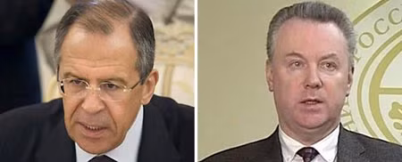 Ngoại trưởng Nga Sergei Lavrov (trái) và phát ngôn viên Bộ Ngoại giao Nga Alexander Lukashevich.