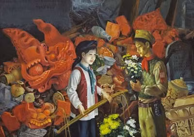 Một phần của bức tranh "Hà Nội chiến luỹ và hoa".