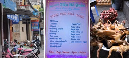 Từ trái sang: Tấm biển "mua mèo" để phục vụ quán nhậu, Thực đơn "tiểu hổ" đủ các món, "Tiểu hổ" đã bị hóa kiếp.