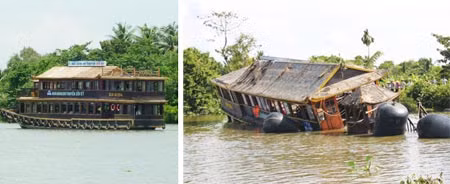 Con tàu BD 0394 Nhà hàng Nổi của Dìn Ký trước khi bị nạn vài ngày (ảnh trái) và khi được trục vớt.