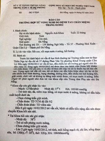Văn bảo Báo cáo của Sở Y tế TP Đà Nẵng về trường hợp bệnh nhi Nguyễn Anh Khoa tử vong do nghi tay chân miệng vào ngày 14/2/2012.