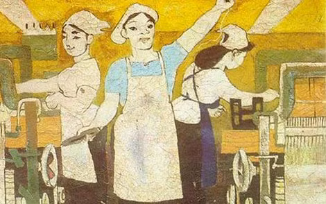 “Tan ca mời chị em đi thi thợ giỏi” - Tranh của Nguyễn Đỗ Cung.