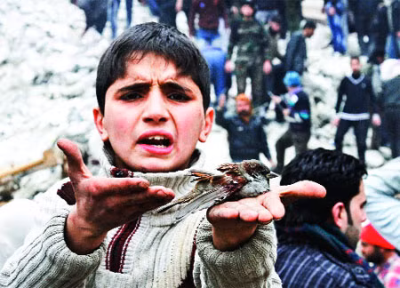 Một em bé Syria cầm trên tay chú chim non đã bị bom đạn giết chết. Ảnh: AP.