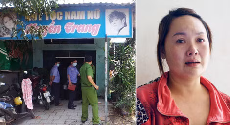 Tiệm hớt tóc Huyền Trang (ảnh trái) và chị Mai – vợ nạn nhân.