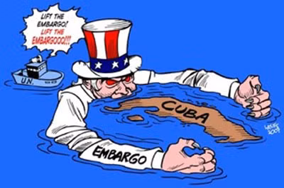 Biếm họa kêu gọi Mỹ chấm dứt chính sách bao vây cấm vận chống Cuba.
