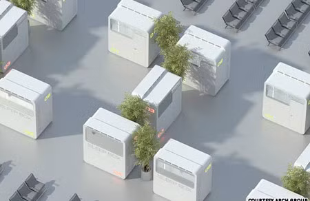 Mô hình nghệ thuật của các Sleepbox trong khu vực chờ của sân bay.