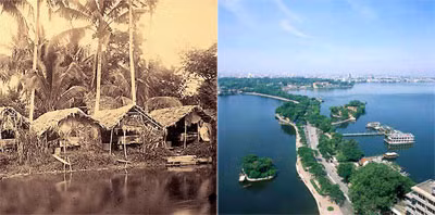 Ven Hồ Tây xưa (ảnh trái) và Đường Thanh Niên ngày nay.