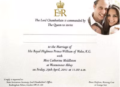 Đám cưới Nữ hoàng Anh Elizabeth và Hoàng tử Phillip năm 1947. Thiệp cưới của William và Kate Middleton.