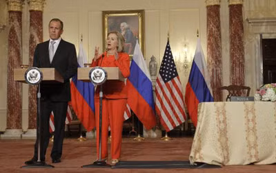 Ngoại trưởng Nga Sergei Lavrov trong cuộc họp báo chung với Ngoại trưởng Mỹ Hillary Clinton tại Washington hôm 15/7.
