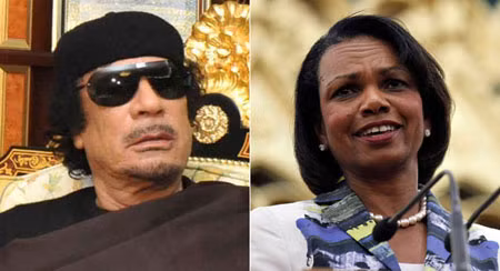 Gaddafi từng thể hiện sự ủng hộ với Condoleezza Rice bằng lời tuyên bố: "Tôi yêu cô ấy mất rồi! Tôi yêu vì cô ấy mang trong người dòng máu Châu Phi".
