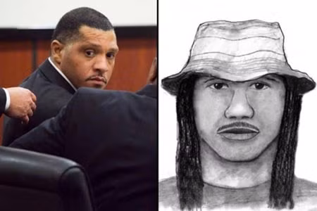 Mark Goudeau (trái) và chân dung "Baseline Killer" do cảnh sát phác họa.