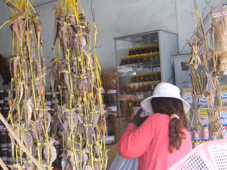 Không đủ kiên nhẫn mua cá khô về sao tẩm ngâm rượu mất hàng tháng trời mới sử dụng được, khách có thể mua những hũ rượu hải mã được bày bán la liệt.
